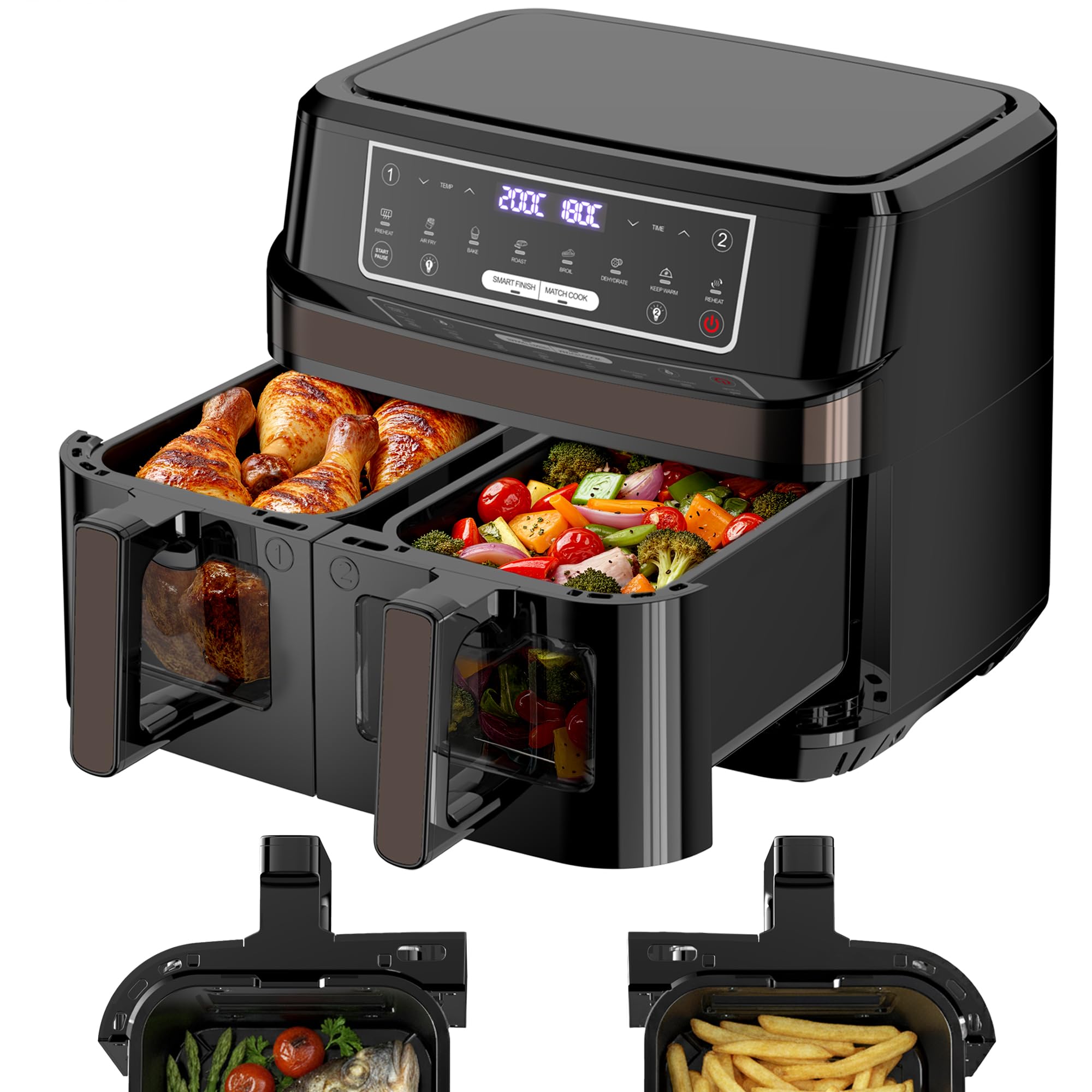 Dual Zone Airfryer 10L mit Sichtfenster – Intelligentes Parallel-Kochen