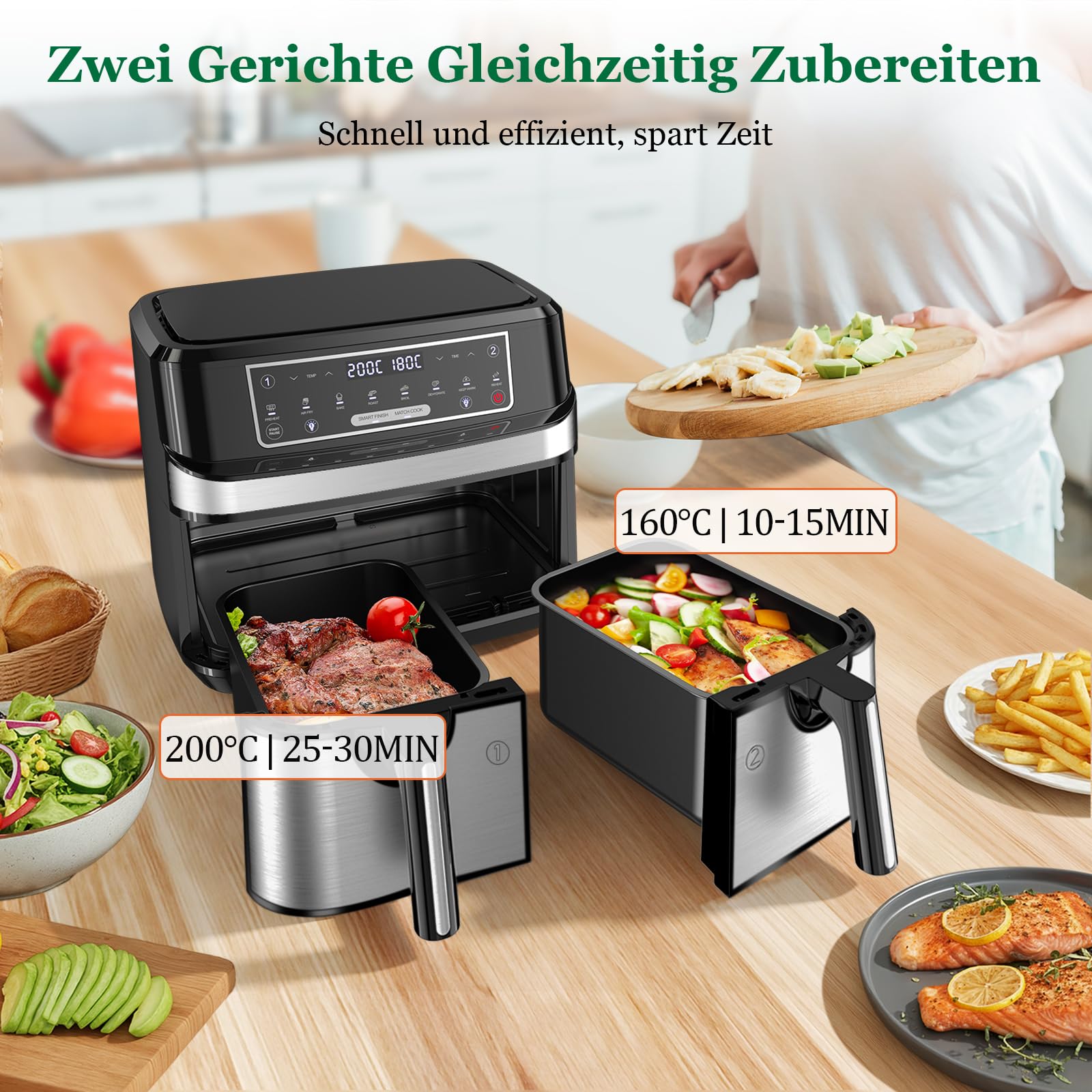 Dual Zone Heißluftfritteuse 9L – Doppelkammer für paralleles Kochvergnügen