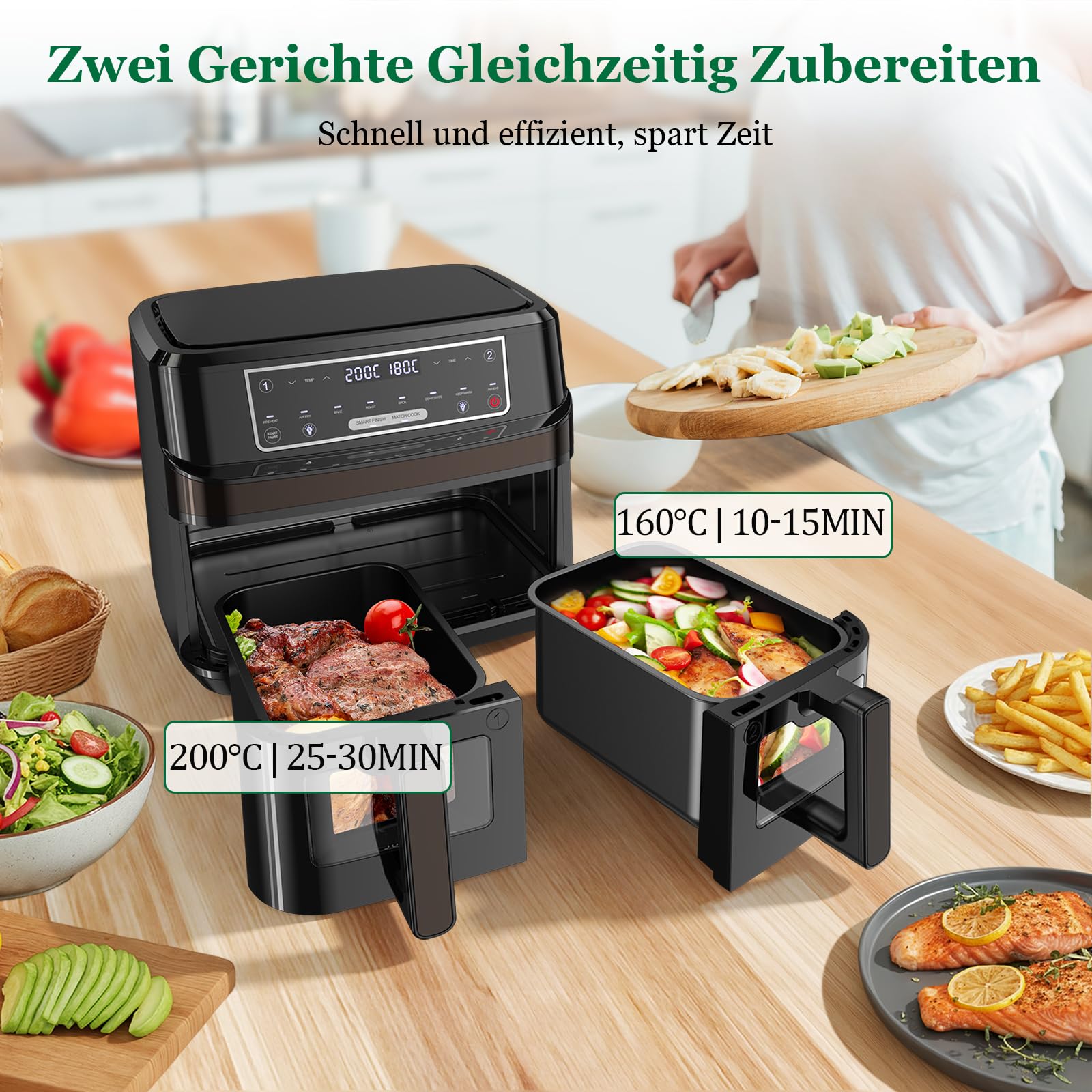 Dual Zone Airfryer 10L mit Sichtfenster – Intelligentes Parallel-Kochen