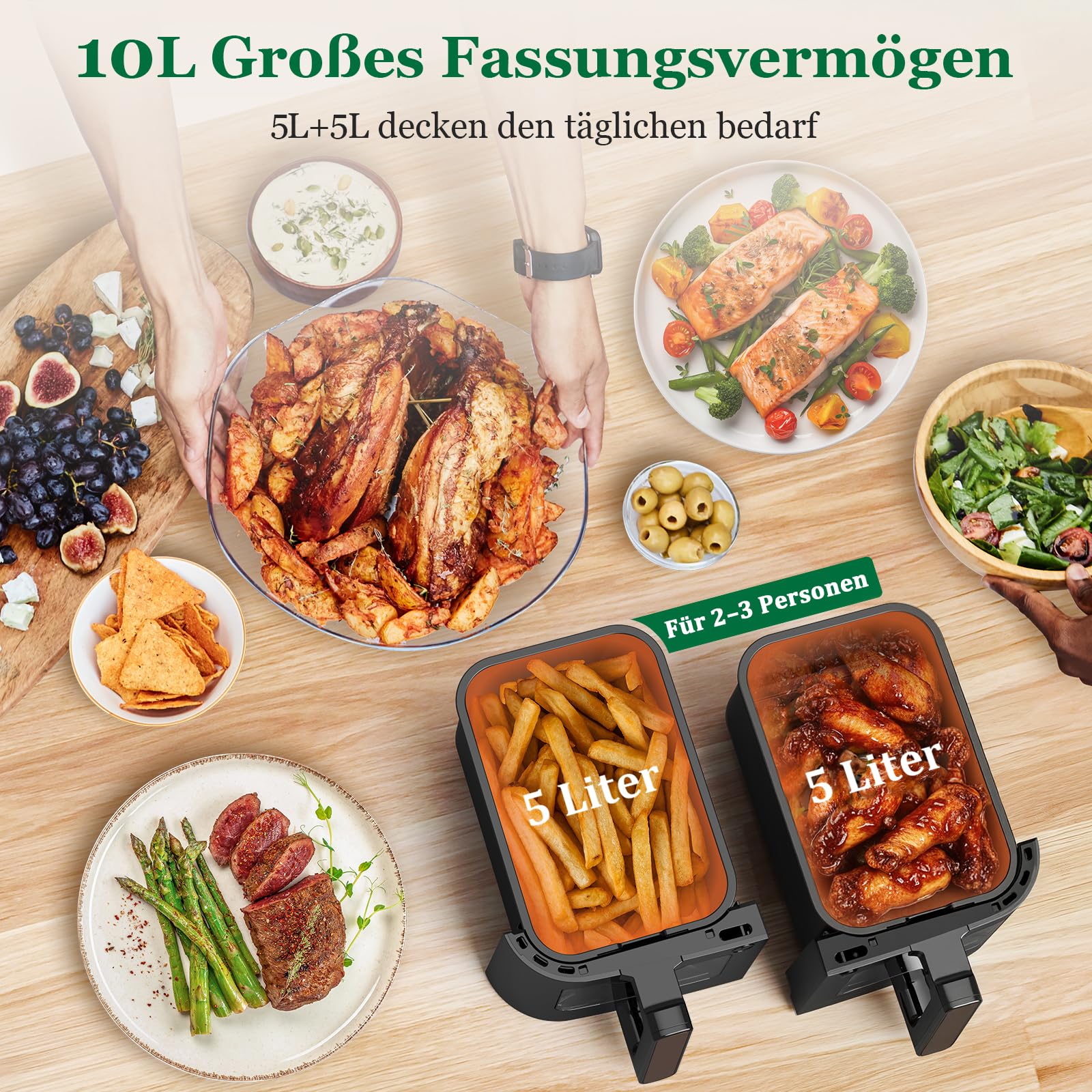 Dual Zone Airfryer 10L mit Sichtfenster – Intelligentes Parallel-Kochen