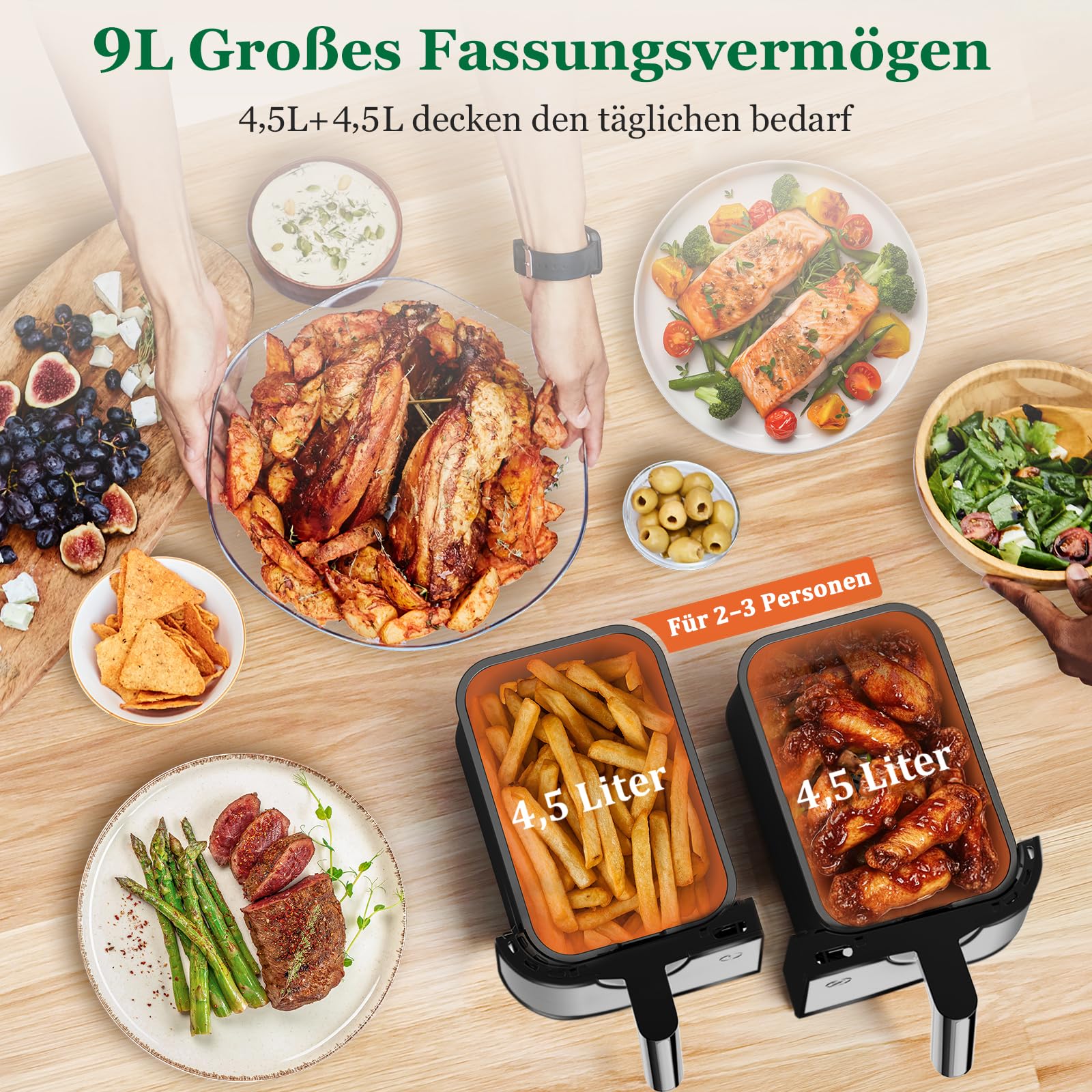 Dual Zone Heißluftfritteuse 9L – Doppelkammer für paralleles Kochvergnügen
