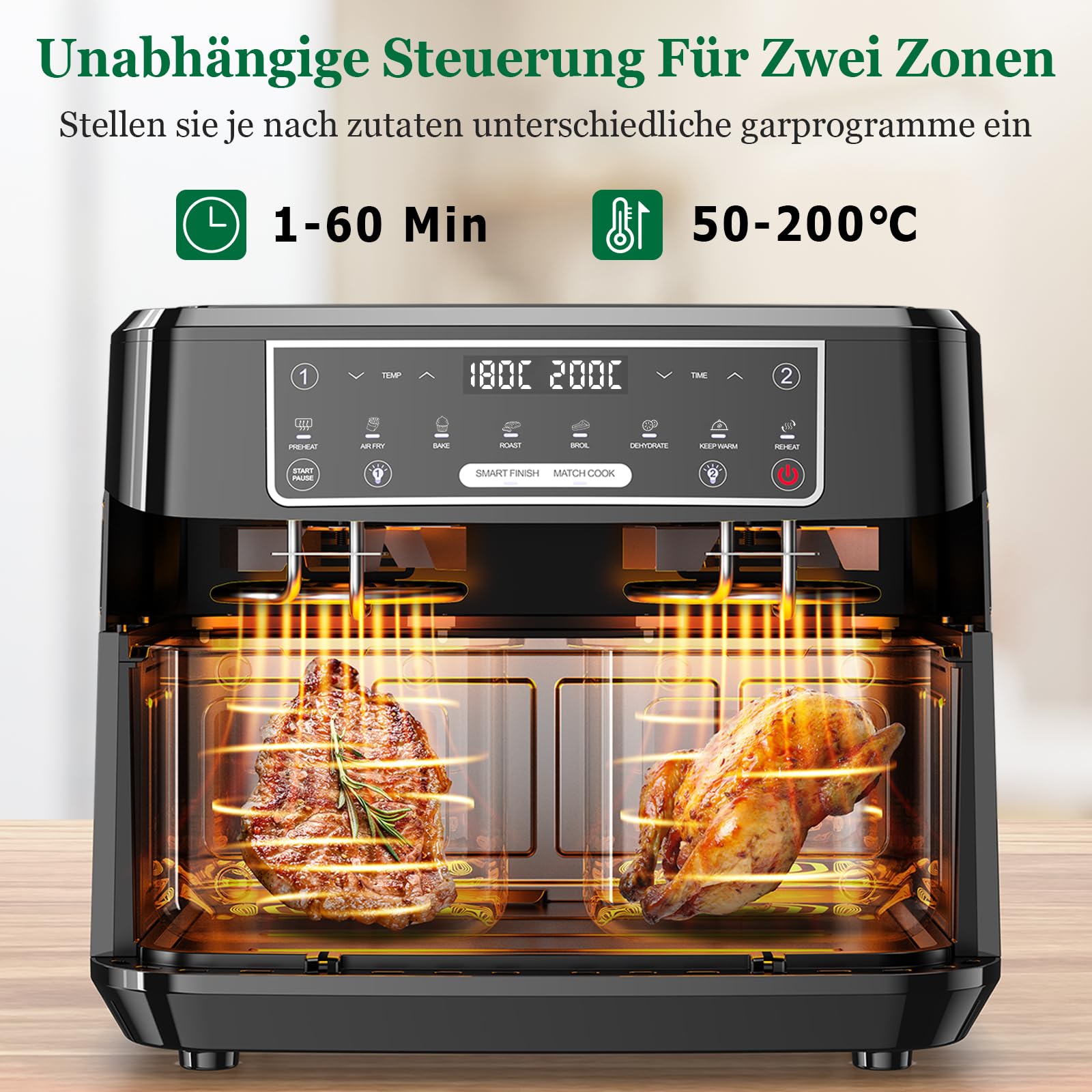 Dual Zone Heißluftfritteuse 9L – Doppelkammer für paralleles Kochvergnügen