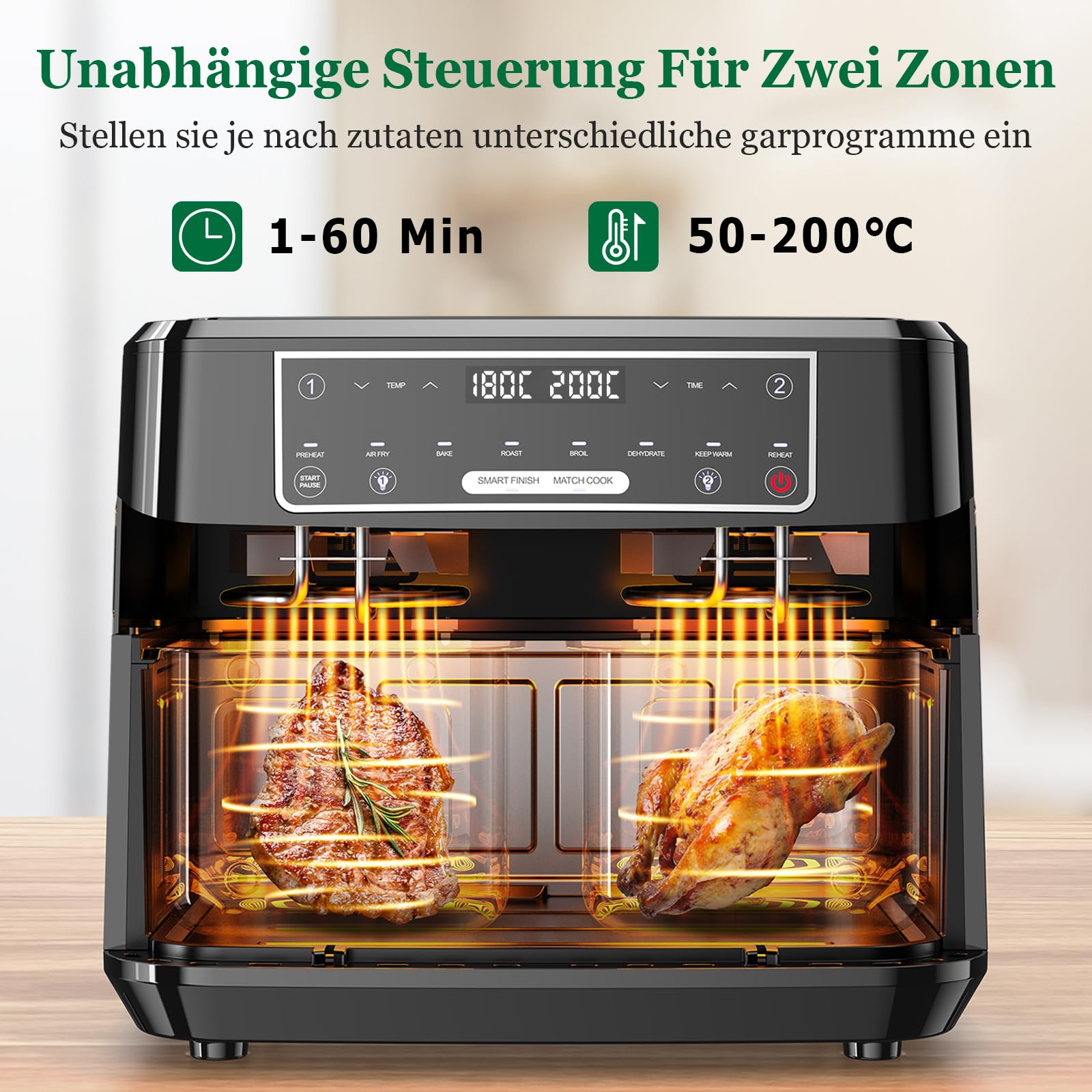 Dual Zone Airfryer 10L mit Sichtfenster – Intelligentes Parallel-Kochen