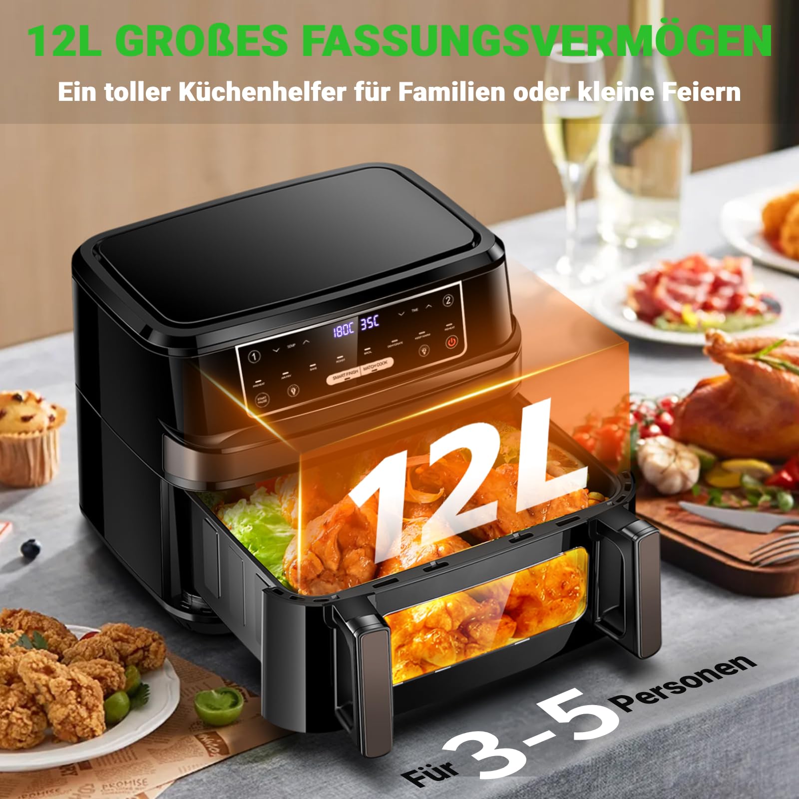 Flexi-Airfryer 12L XXL – Anpassbare Einzel- & Doppelkammer für jede Gelegenheit