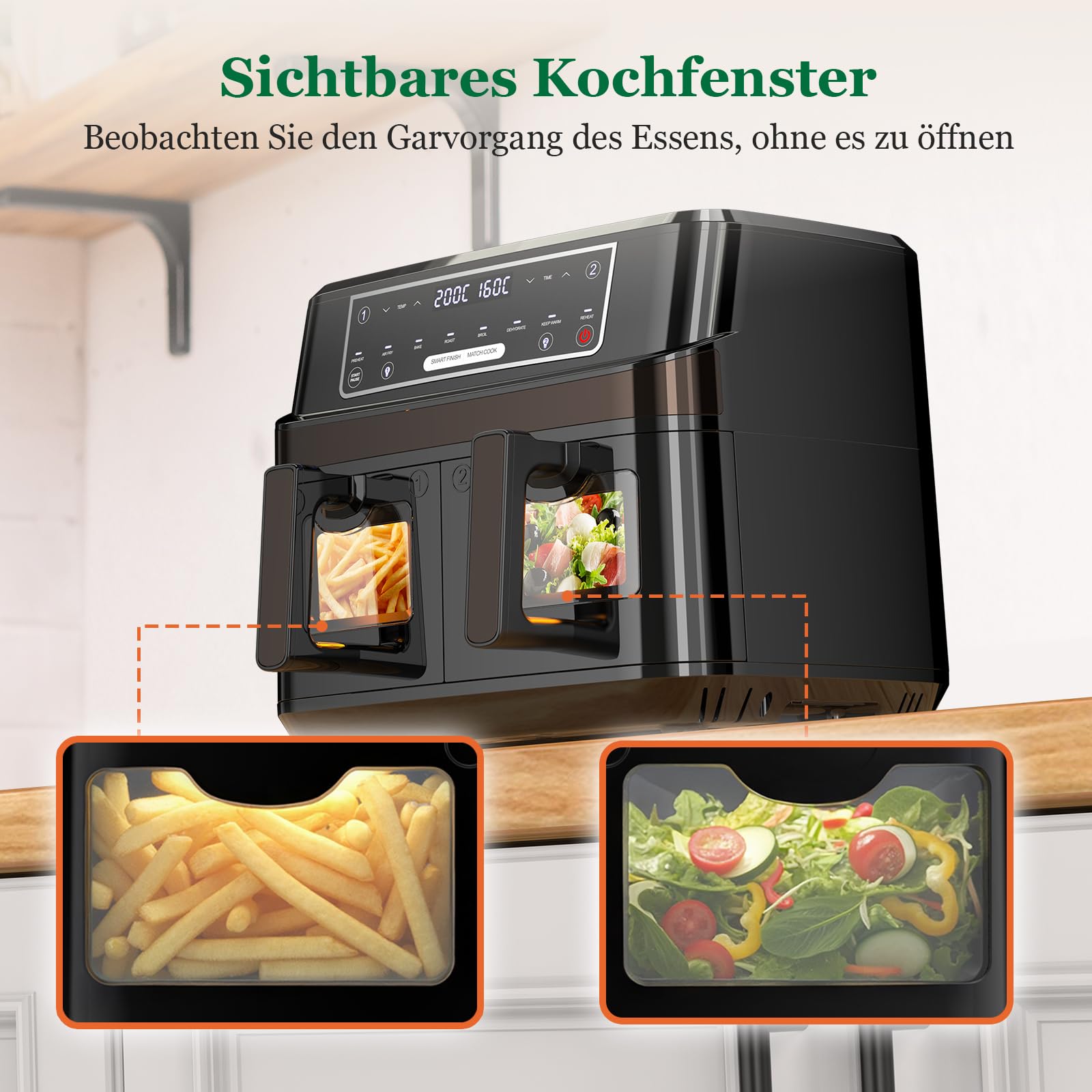 Dual Zone Airfryer 10L mit Sichtfenster – Intelligentes Parallel-Kochen