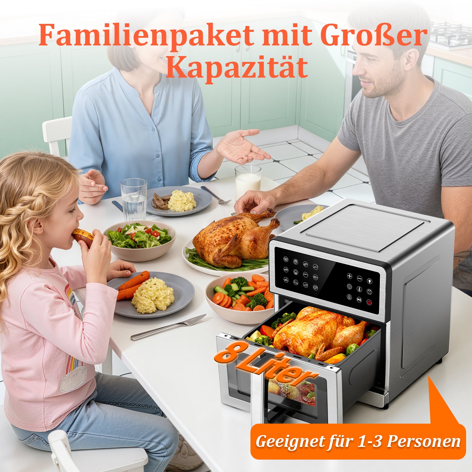 Heißluftfritteuse 8L XXL | Airfryer Ober/Unterhitze Heizelemente