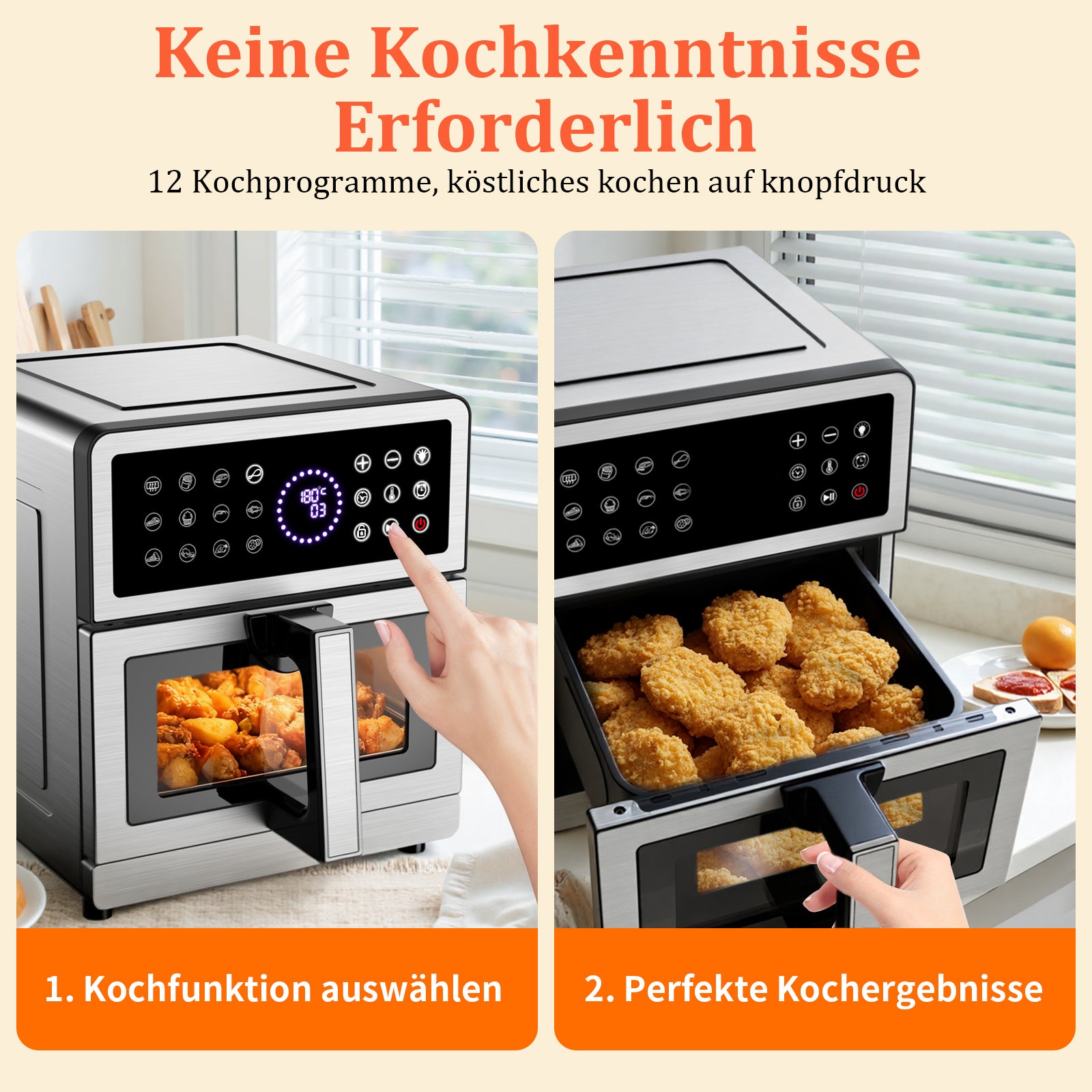 Heißluftfritteuse 8L XXL | Airfryer Ober/Unterhitze Heizelemente